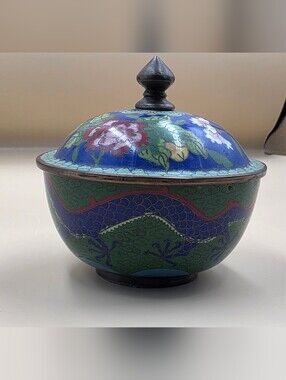 Chinese cloisonné enamel covered Brass bowl featuring a dragon and floral motifs